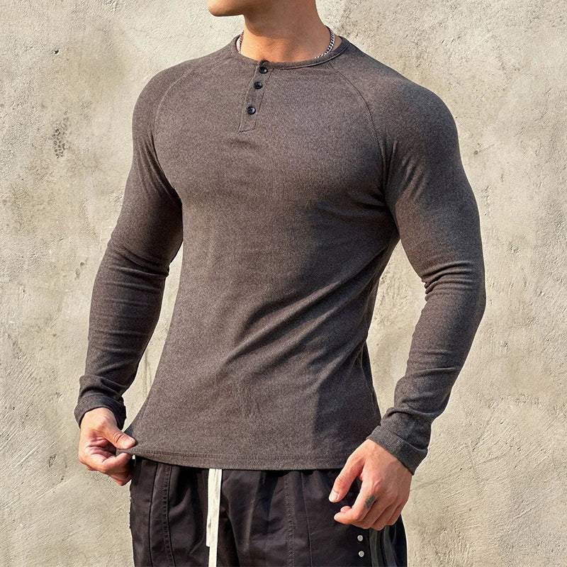 sanyamk - Casual Long Sleeve Solid T-shirt Gym Man Long Sleeve Henry Collar Shirt Muscle Men Elastic Ribbed Basic Tops Pullover Streetwear