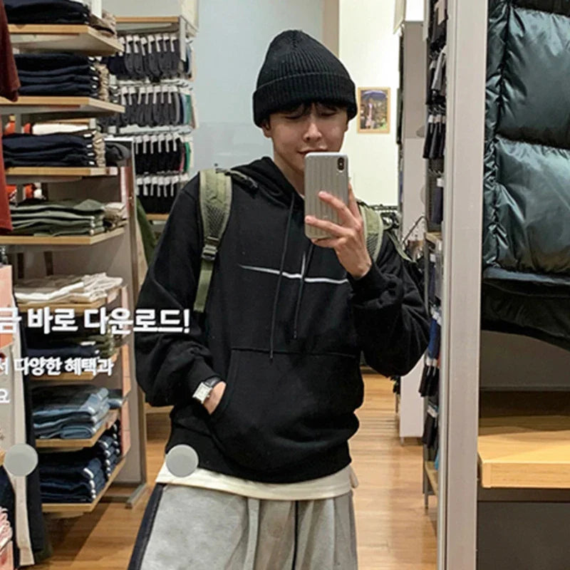 sanyamk - Korean Style Men's Hoodies Casual Printing Drawstring Big Pockets Contrast Color Loose Male Sweatshirts New Autumn 9C7926