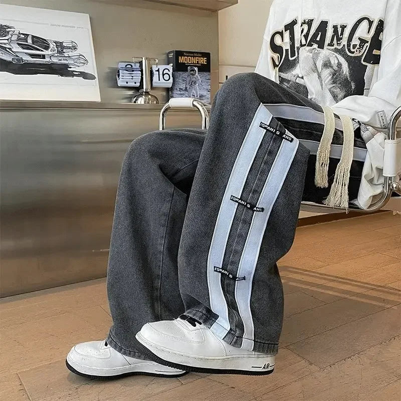 BONSIR - Men Skeleton Baggy Causal Jeans Pants Japanese Streetwear Wide Leg S Male Blue Vintage Denim Trousers