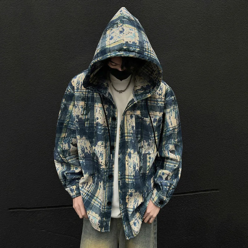 sanyamk - Korean Style Men's Hoodies Hooded Plaid Contrast Color Casual Tops Single Breasted Brushed Loose Male Sweatshirts 9C8558