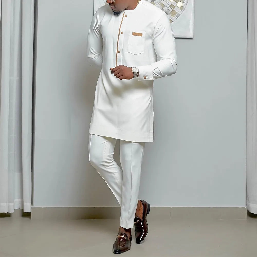 sanyamk - Kaftan Summer Men's Suits Short Sleeve Solid Top Pants Wedding African Ethnic Casual Wear Dashiki 2PCS Suit Fashion Men's Sets