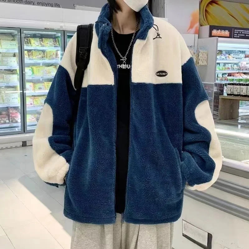 sanyamk Winter Fleece Fluffy Jacket Warm Fuzzy Zipper Patchwork Coat Men Autumn Lightweight Jackets Streetwear Hip Hop Harajuku