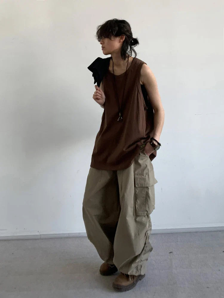 Bonsir Tank Tops Men All-match Basic Retro Japanese Style Unisex O-neck Sleeveless Solid Color Youthful Vitality Summer Loose Soft