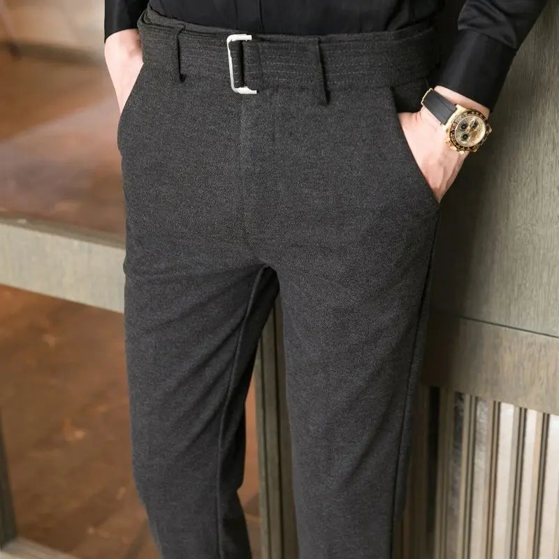 BONSIR - Autumn and Winter Men's Fashion Solid Color Fabric Casual Thickened Wool Business Brushed Straight Tube Versatile Pants