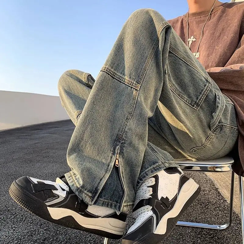 sanyamk American street hip-hop straight leg personalized design for men and women trendy loose leg jeans washed retro casual pants y2k