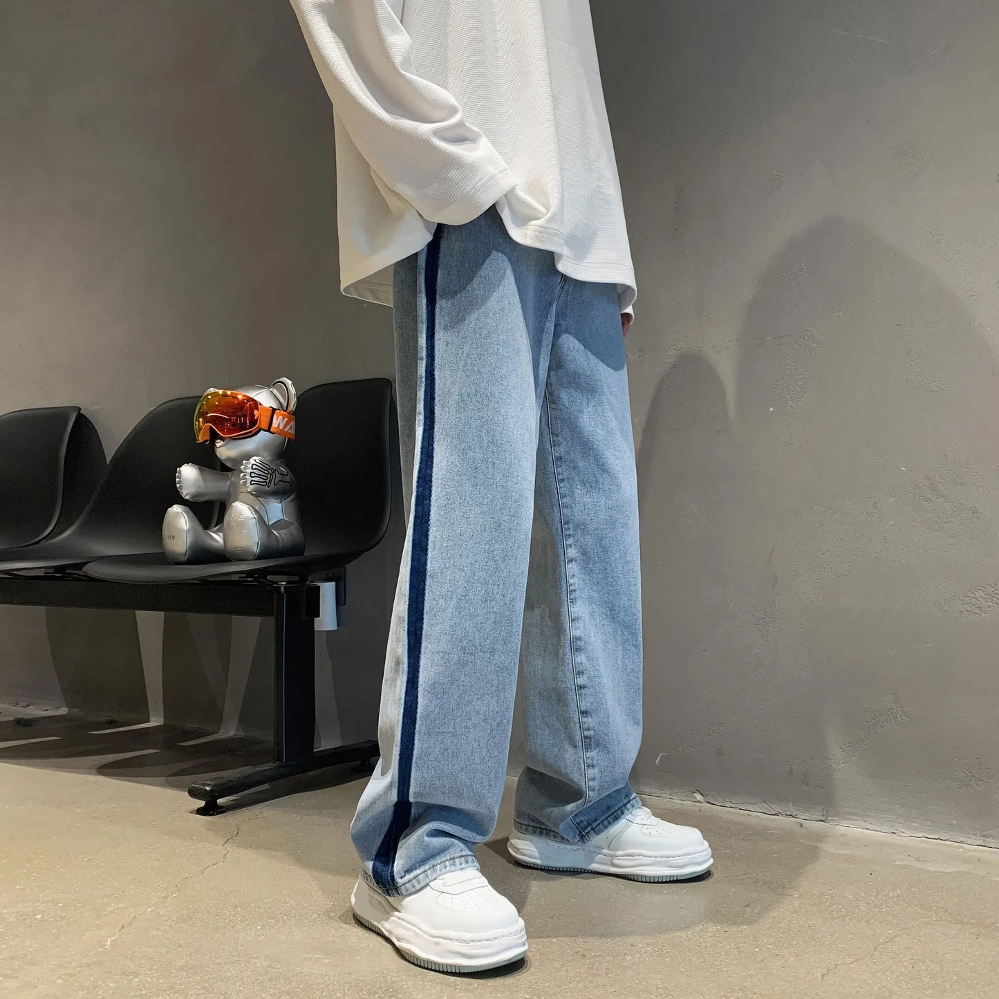 sanyamk High street vibe American trousers, male minority design sense, splicing jeans, overlapping stripes, floor length straight