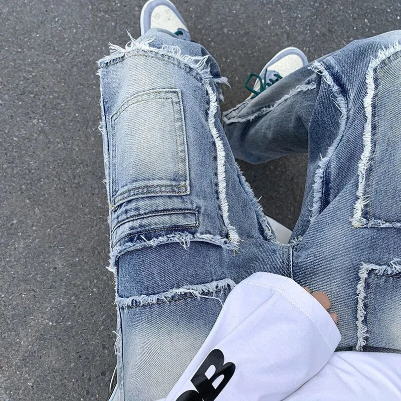 sanyamk American style raw edge multi-pocket street jeans trendy brand ruffian handsome fried street men's retro splicing tooling jeans