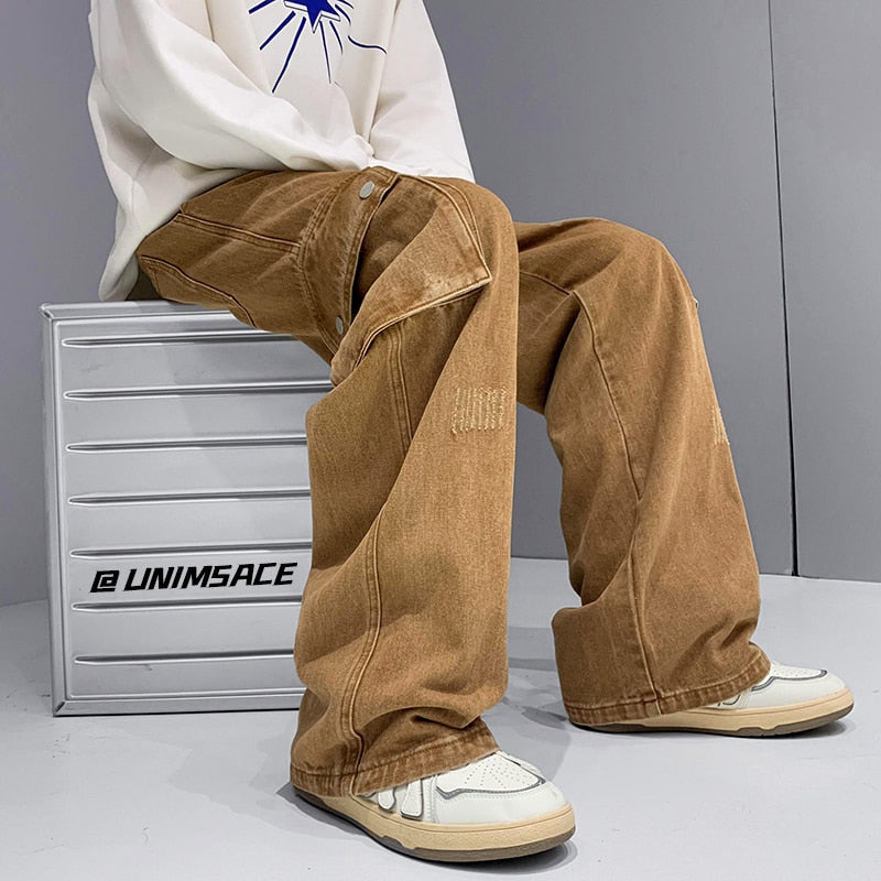 sanyamk 3 Colors Baggy Jeans Men Fashion Casual Pocket Cargo Jeans Men Streetwear Loose Hip-hop Straight Denim Pants Mens Trousers M-2XL
