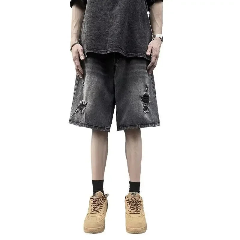 sanyamk American Street Vibe Men's Summer Loose-fit Denim Shorts Trendy Brand Vintage Ripped Shorts For Casual Wear