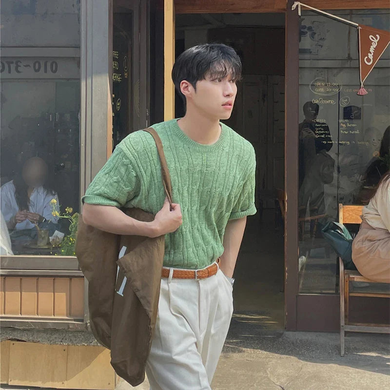 sanyamk - Summer Handsome Well Fitting Tops 2024 New Men Knitted O-Neck Simple Daily T-shirts Casual Fashion Solid Short Sleeve B102