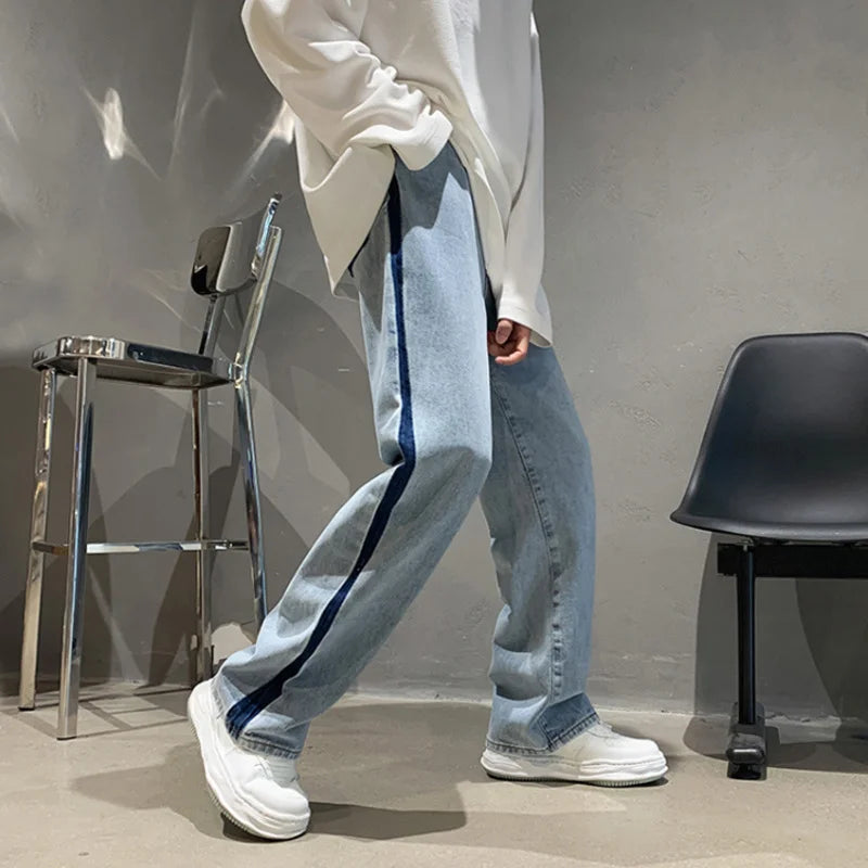 sanyamk High street vibe American trousers, male minority design sense, splicing jeans, overlapping stripes, floor length straight
