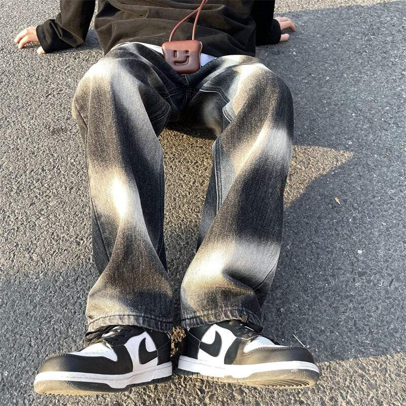 sanyamk Fashion Brand Men's Tie-dyed Jeans College Students Hip-hop Dance Y2k Loose Straight Pants Women's Baggy Blue Jeans