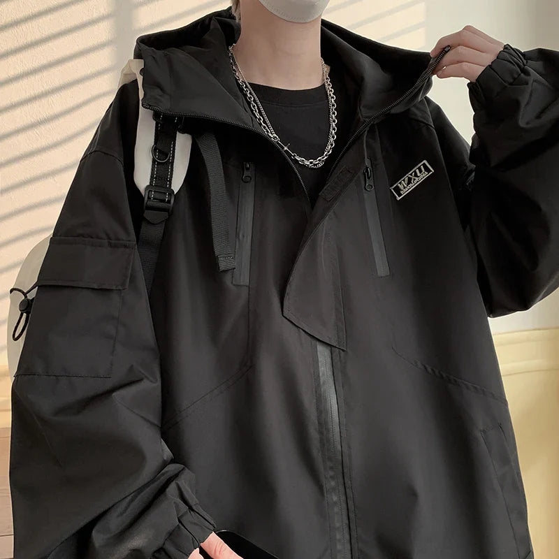 sanyamk Spring Mens Pockets Jackets Hip Hop Harajuku Streetwear Fashion Hooded Loose Coats Outwear Plus Size M-8XL