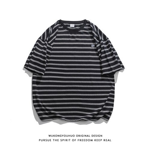 Bonsir Trendy Japanese Pinstripe Short Sleeved T Shirt Men's Vintage Loose Couple Versatile Tee for Summer