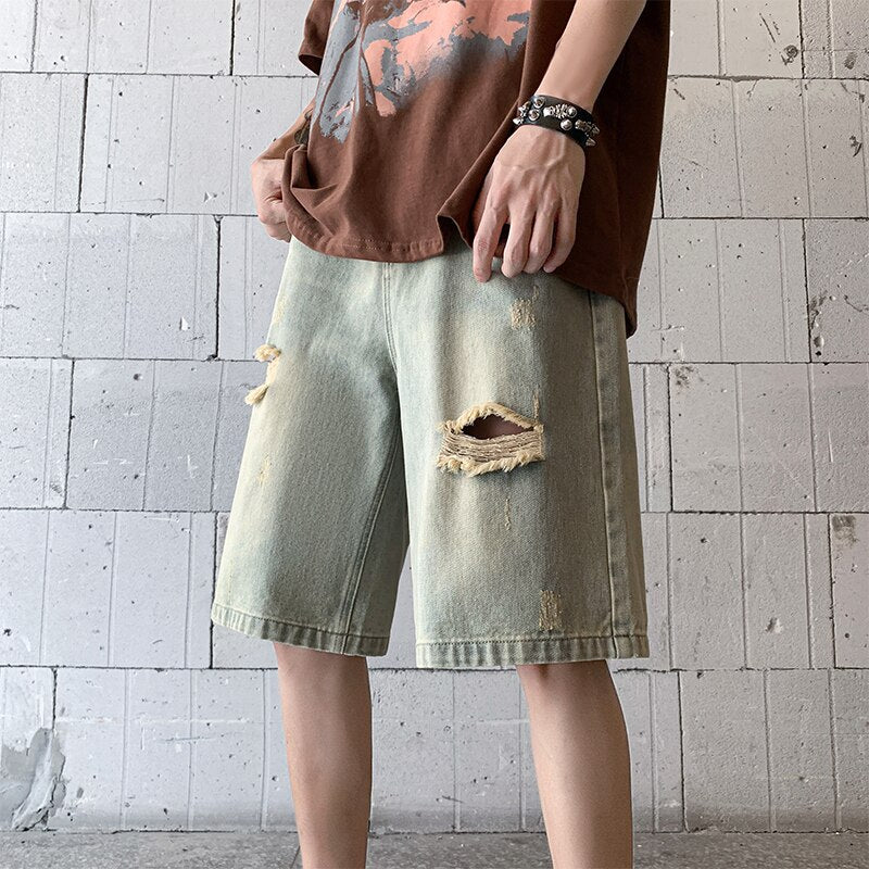 sanyamk American Washed Vintage Jean Short Man Loose Hollow Hole Distressed Denim Short Pants Men Summer Streetwear Y2k Shorts