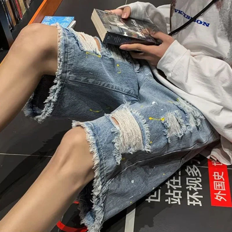 sanyamk Ripped Denim Shorts Men Baggy Retro Hip Hop Summer Breathable Destroyed Streetwear Daily Raw Edge All-match Comfortable