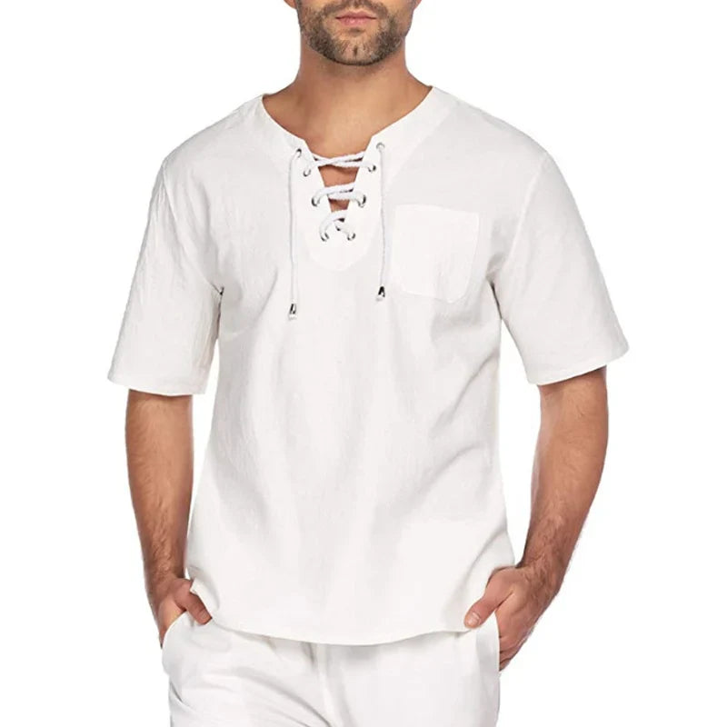 sanyamk - Summer Daily Leisure Cotton Linen T Shirt Men Vintage Drawstring V Neck T-shirts Casual Solid Color Short Sleeve Mens Pullovers