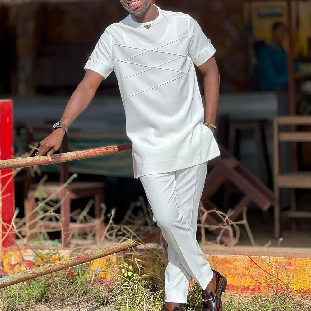sanyamk - Kaftan Summer Men's Suits Short Sleeve Solid Top Pants Wedding African Ethnic Casual Wear Dashiki 2PCS Suit Fashion Men's Sets