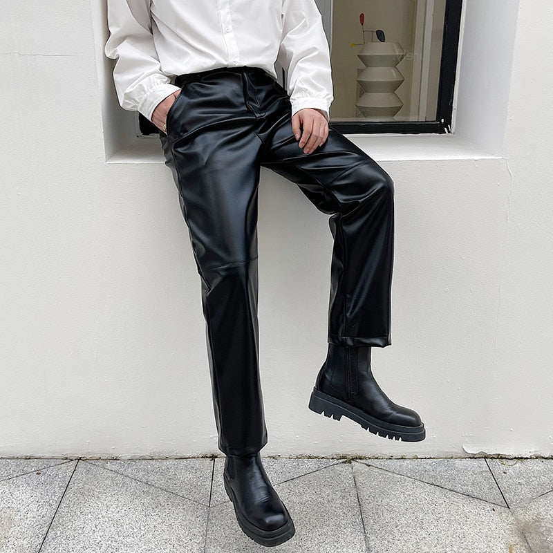 Bonsir Casual PU Leather Straight Trousers for Men Korean Streetwear Vintage Fashion Motorcycle Pants Male Niche Leather Pants