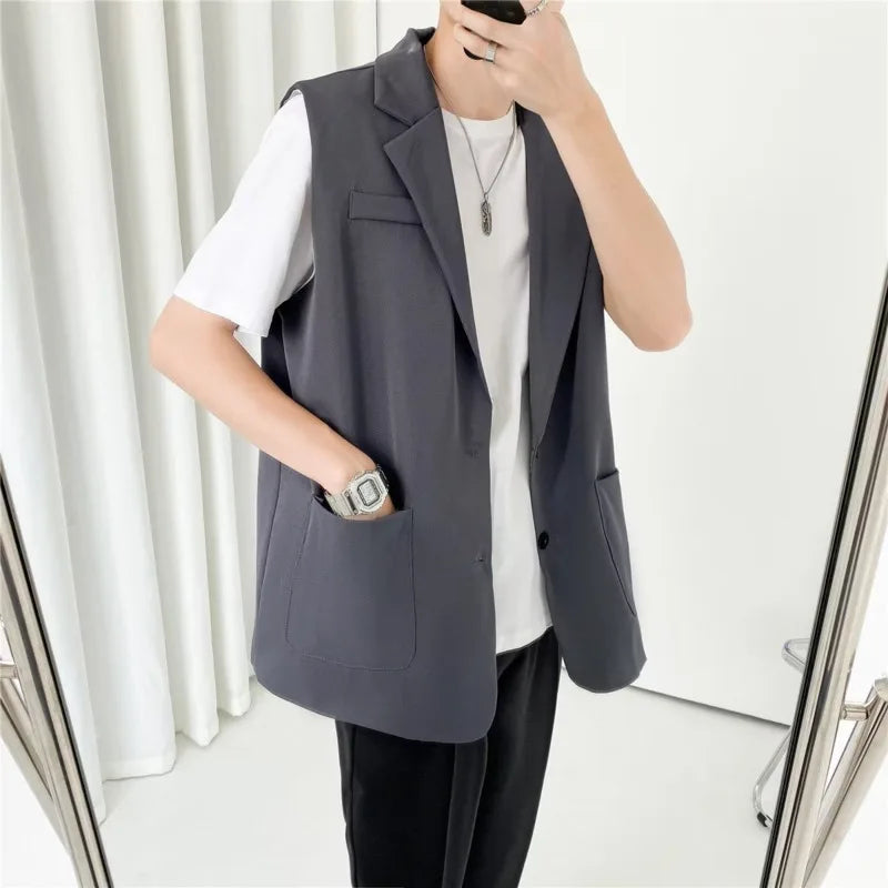 sanyamk Grey Black Suit Vest Men Fashion Social Mens Dress Vest Korean Loose Sleeveless Blazer Mens Jacket Office Formal Vest M-2XL