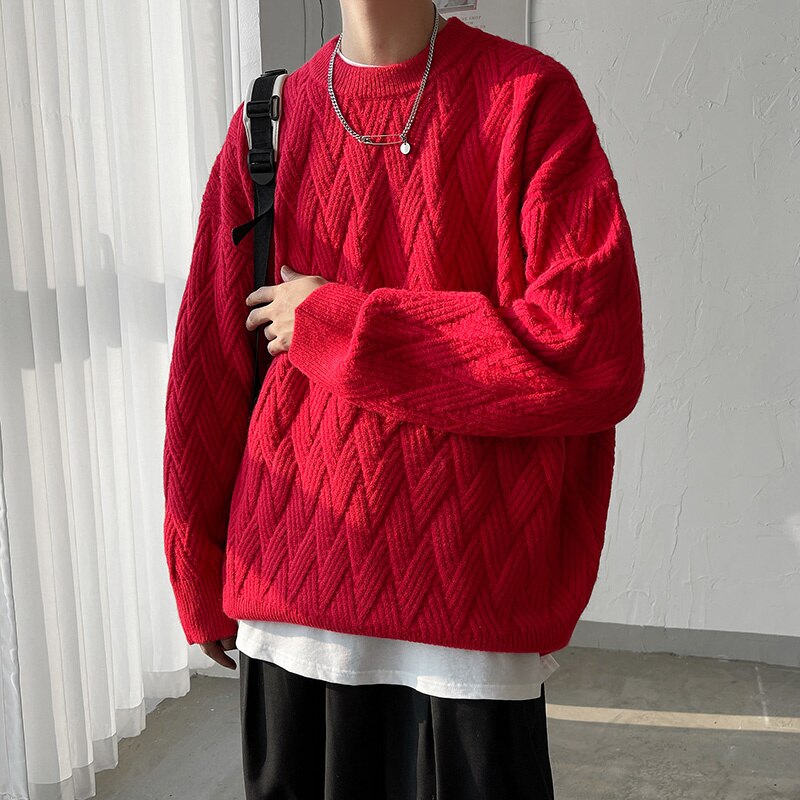 sanyamk Cable-knit Vintage Sweater Men Solid Color Loose Round Neck Male Pullovers Warm Fashion Unisex Casual Clothing