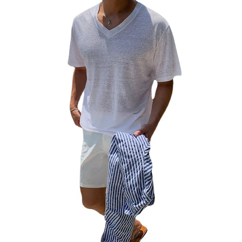 sanyamk - Daily Casual Simple Solid Color Mens White T Shirt Summer Fashion V Neck Short Sleeve T-shirts Men Stylish Slim Fit Pullover Tee