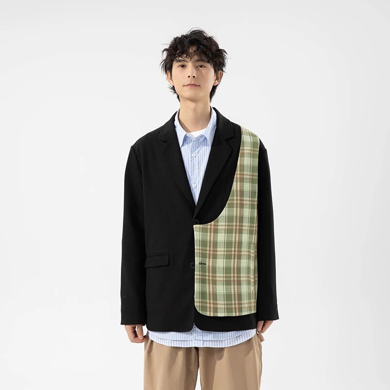sanyamk new fashion casual stitching plaid men's suit jacket high-end casual jacket black khaki