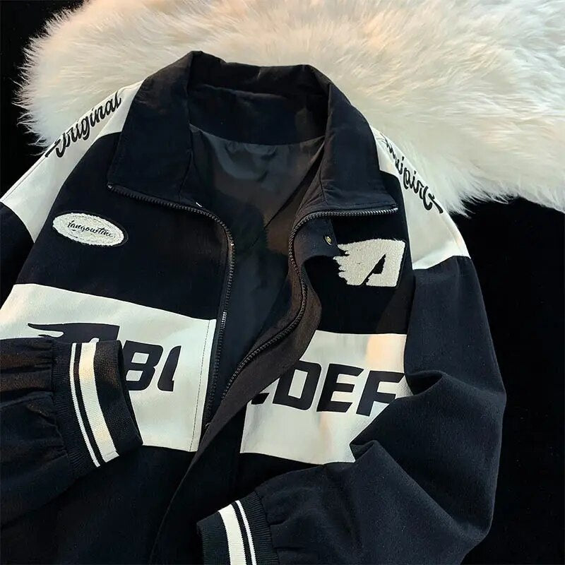 Bonsir American Vintage Racing Jacket Men Cycling Lapel Jacket Women BF Letter Varsity Coat Oversize High Street Vibe Baseball Uniform