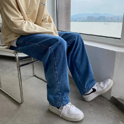 sanyamk New Men's Classic Loose Casual Jeans Student High Street Straight Stretch Blue Light Blue Black Jeans Men's Clothing