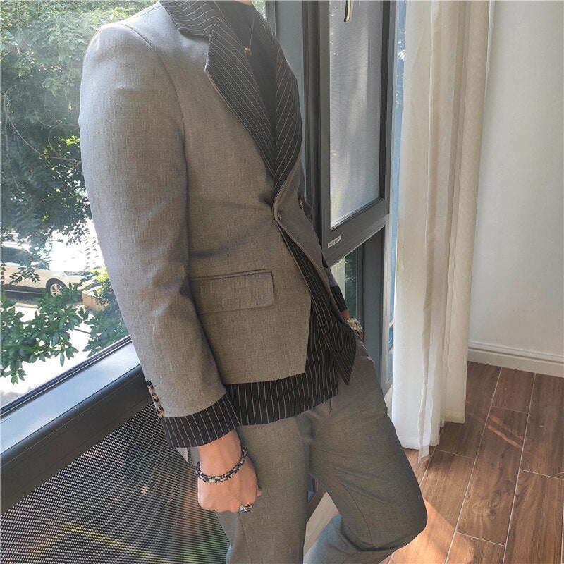 sanyamk Korean Patchwork Suit 2 Piece Suit Blazer Men Suit Set Slim Fit Tuxedo Suit Blazer Suit Men Stylish Blazer Stage Party Club