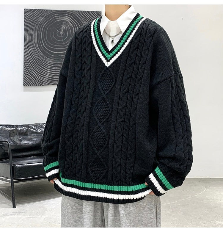 Bonsir Winter V-neck Sweater Men New Patchwork Color Knitted Sweater Pullover Harajuku Couple Streetwear Loose Knitwear Oversized 2XL