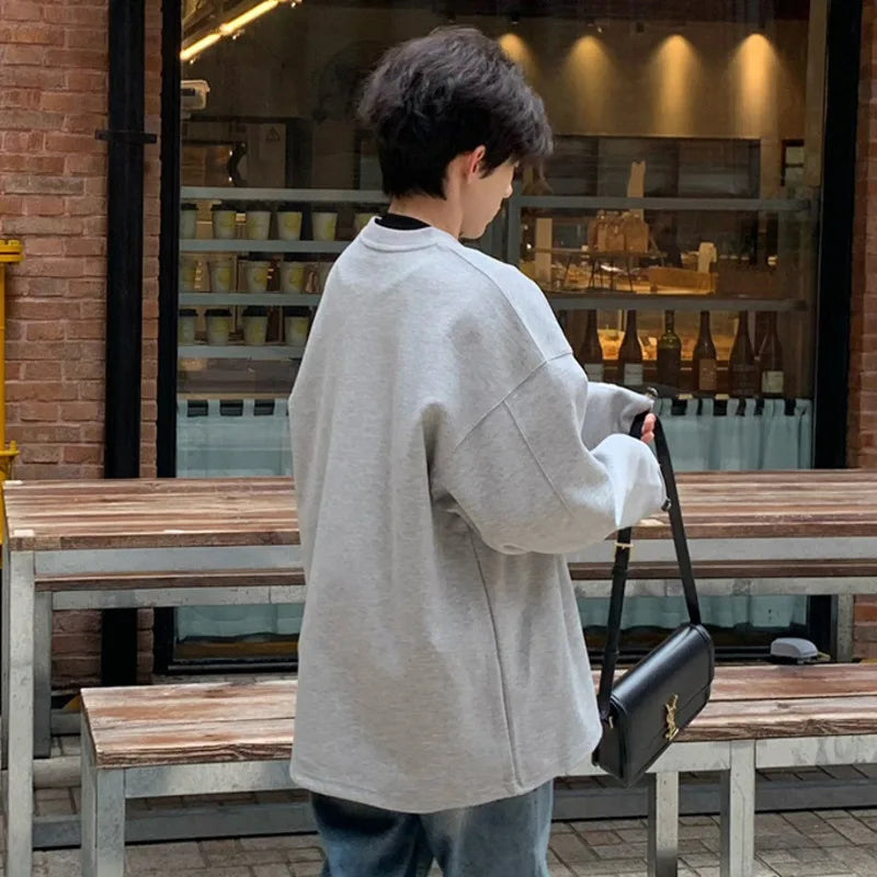 sanyamk - Korean Style Men's Sweatshirts Zippers Round Collar Soldi Color New Trendy Pullover Loose Male Pullover Tops Autumn 9C5565