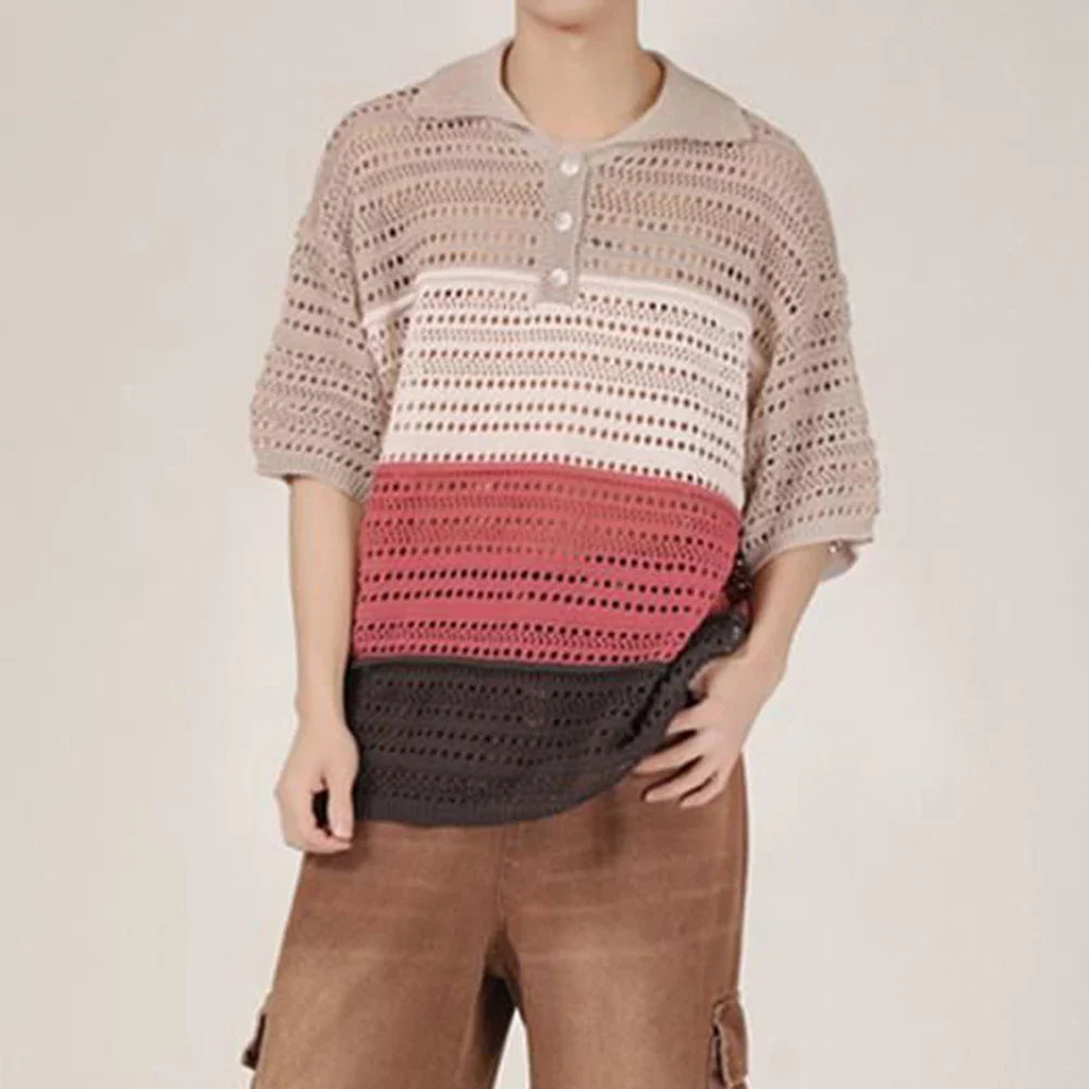 sanyamk Men Luxury Knit Polo Shirt Breathable Casual Hollow Out T Shirt Fashion Turn-down Rainbow Striped Short Sleeve Fishnet Tops Tees