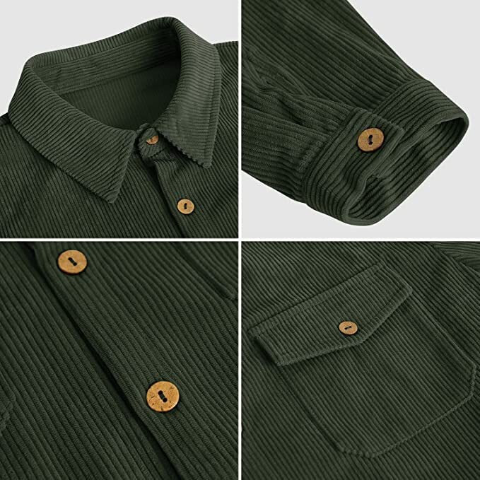 Bonsir Mens Corduroy Button Short Sleeve Shirt Spring Autumn Casual StreetwearWith Pockets Solid Color Shirt For Men Overcoat