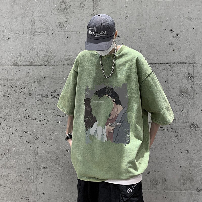 sanyamk Heart Printed Summer Vintage T-shirt for Men New Graphic Letter T Shirts Streetwear Harajuku Oversized 5XL