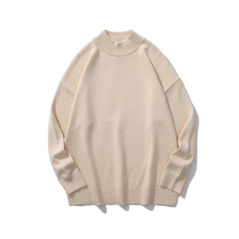 BONSIR - Men's Half High Collar Sweaters Autumn and Winter Standard Bottom Trendy All-match Solid Color Long Sleeved Loose Knitted Tops