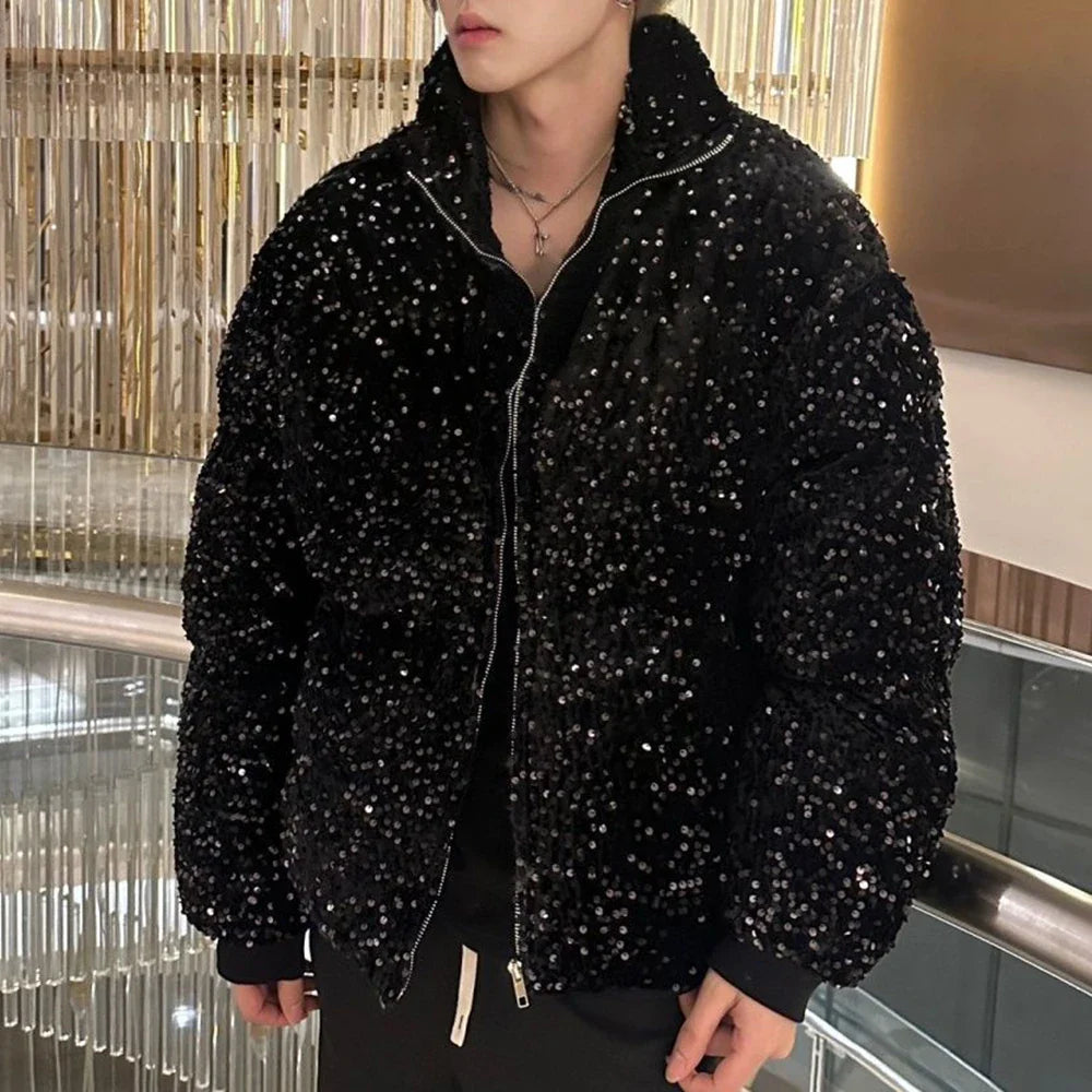 sanyamk Mens sequin casual jacket genderless 2024 new autumn winter fashion personality street trend youth thickened jacket unisex
