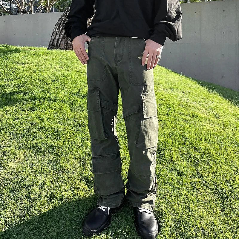 Bonsir American Style High Street Strappy Zipper Tooling Casual Loose Pants Men's Retro Army Green Straight Trousers Male Clothes