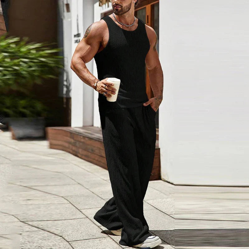 sanyamk - Fashion Solid Color Mens Two Piece Suits Knitted Sleeveless Straps Vest Tops And Trousers Men Knit Set Spring Summer Streetwear