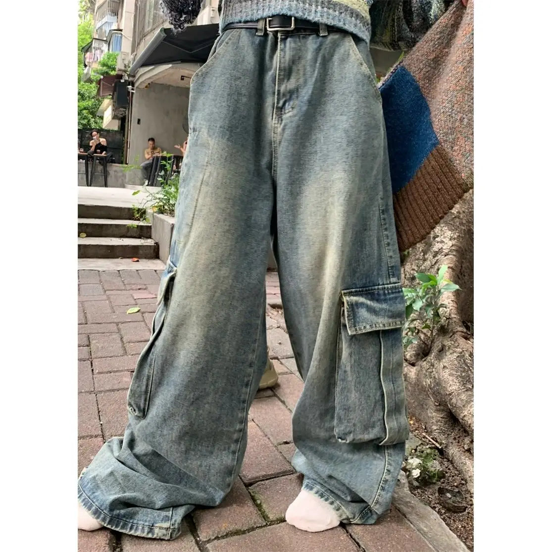 sanyamk American high street retro multi pocket design workwear jeans for men and women loose washed straight leg casual wide leg pants