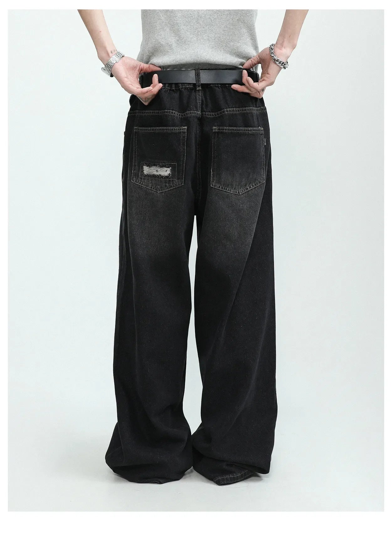 sanyamk American High end Perforated Denim Pants for Men's Design Sense Small and Loose Wide Leg Straight Leg Pants hiphop