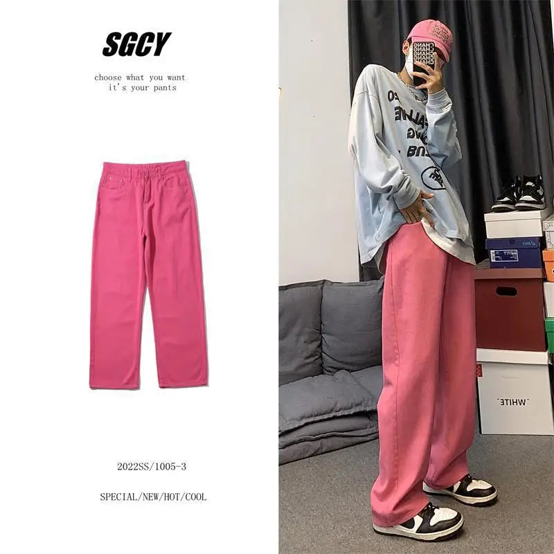 sanyamk Fashion Pink Pants Men's Jeans Loose Streetwear Baggy Denim Trousers Male Straight Bottoms Korean Style Trousers Hip Hop