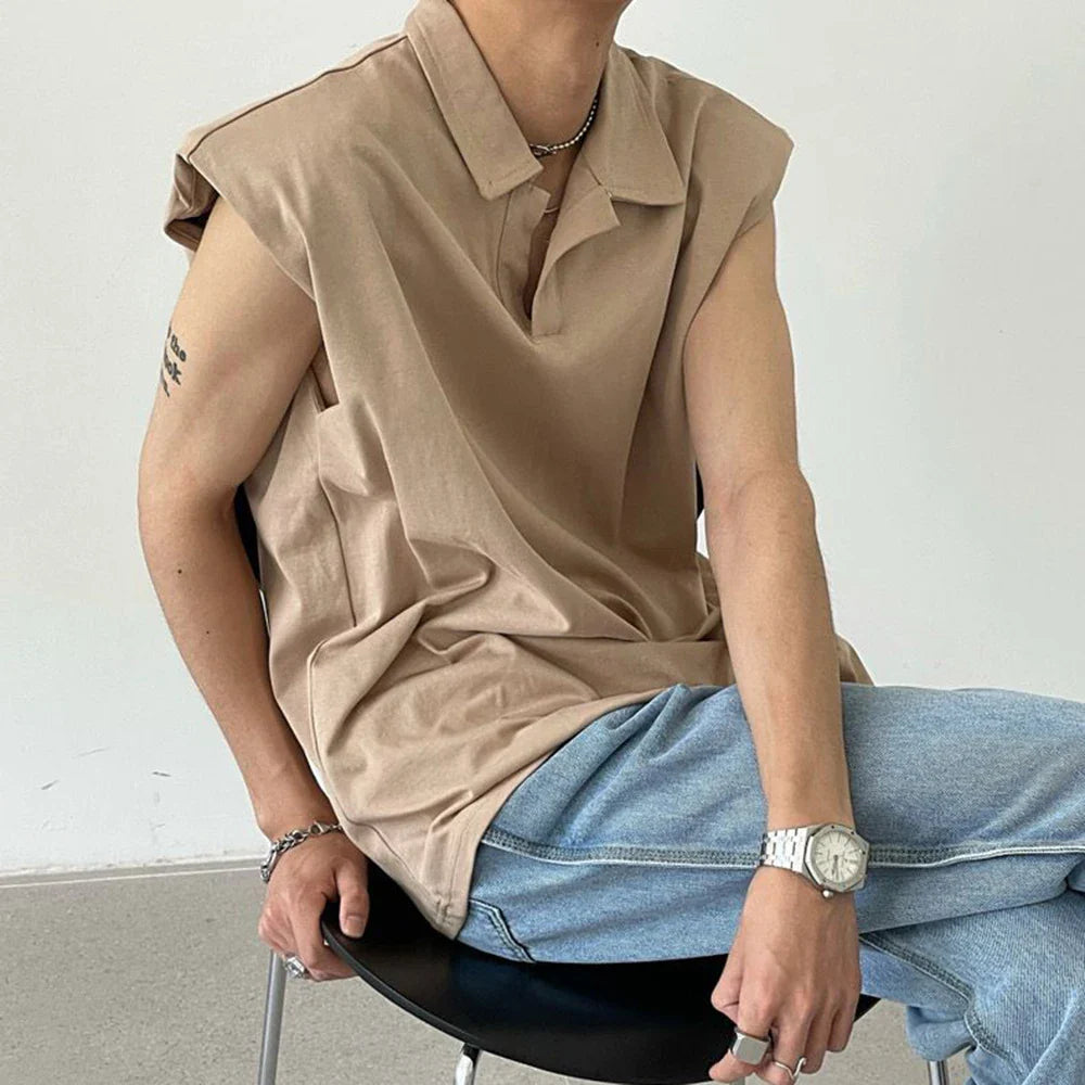 sanyamk Men Vest Solid Lapel Sleeveless Top TShirt Summer Trend Streetwear New Loose Casual Tank Tops Fashion Commuter Polo Shirt Unisex