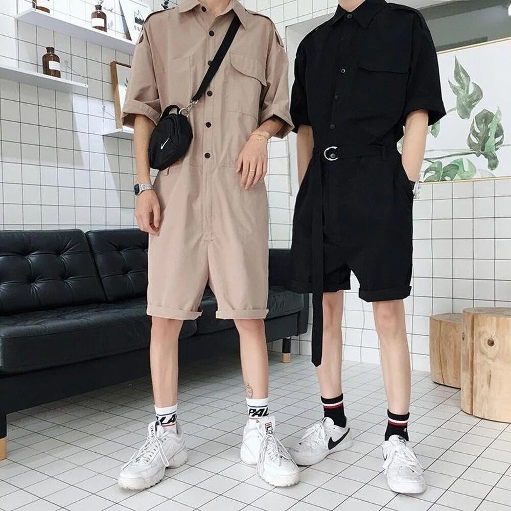 sanyamk Fashion Men Playsuit Overalls Punk Hip Hop Korean Version Pocket Pant Loose Short Sleeve Rompers Youth Cargo Jumpsuit Streetwear