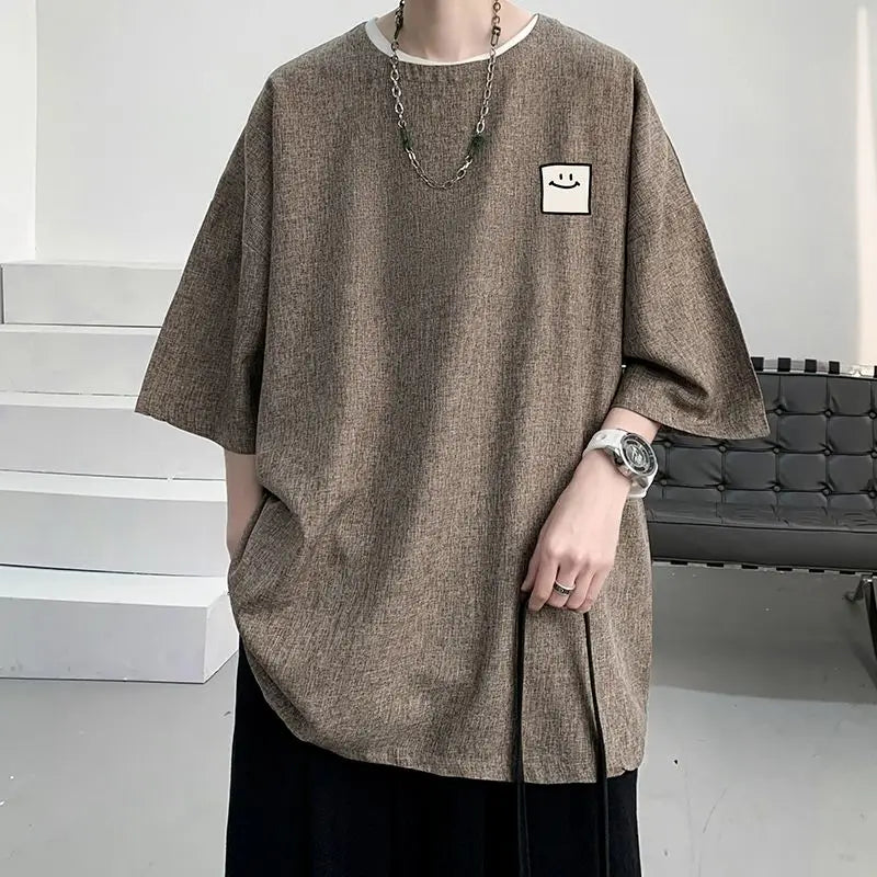 sanyamk - Men's Clothing Short Sleeve Round Neck Loose Straight Pullovers Solid Printing Handsome Simple Casual Streetwear T-Shirts