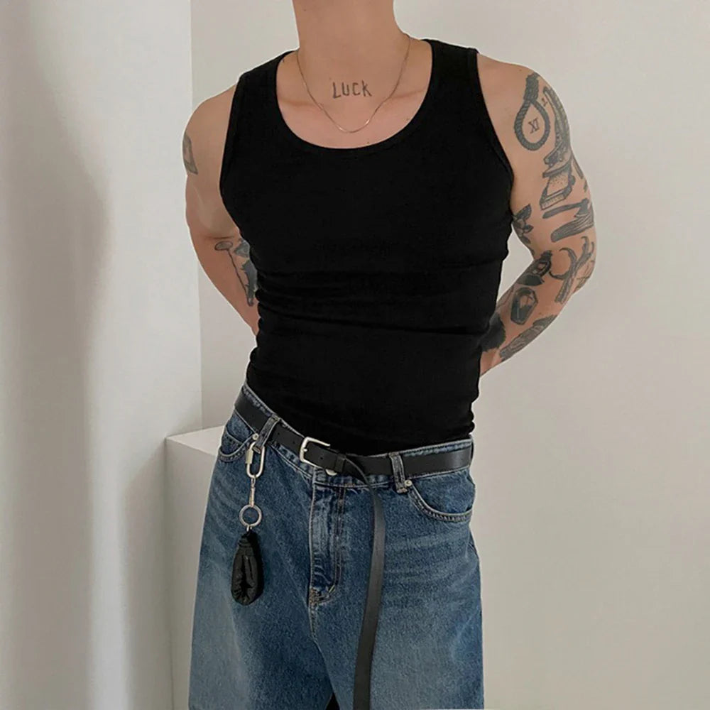 sanyamk American Sport Tank Top Tide Men's Summer Versatile Sleeveless T-shirt Fashion Solid Undershirts Fitness Cotton Bottoming Shirt