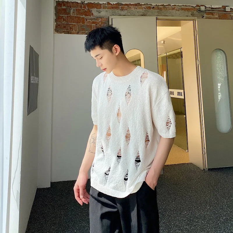 sanyamk - Summer Fashion Knitted Holes T-Shirts Men Black White Short Sleeve Stretch Tops Tees Young Personalized Streetwear Clothing