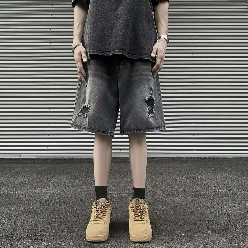 sanyamk American Street Vibe Men's Summer Loose-fit Denim Shorts Trendy Brand Vintage Ripped Shorts For Casual Wear