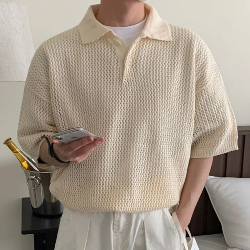 sanyamk - Simple Loose Men's T-shirts Knitting Casual Solid Color Lapel Short Sleeve Hollow Out Tops New Summer Simple 2024 9C6071