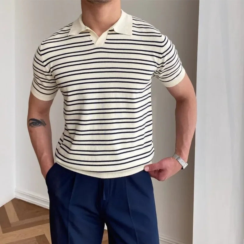 sanyamk - Mature Men Clothing Summer New V-neck Striped Knitted T-shirts for Men Short Sleeve Trend Simple Fashion Lapel Polo Shirts